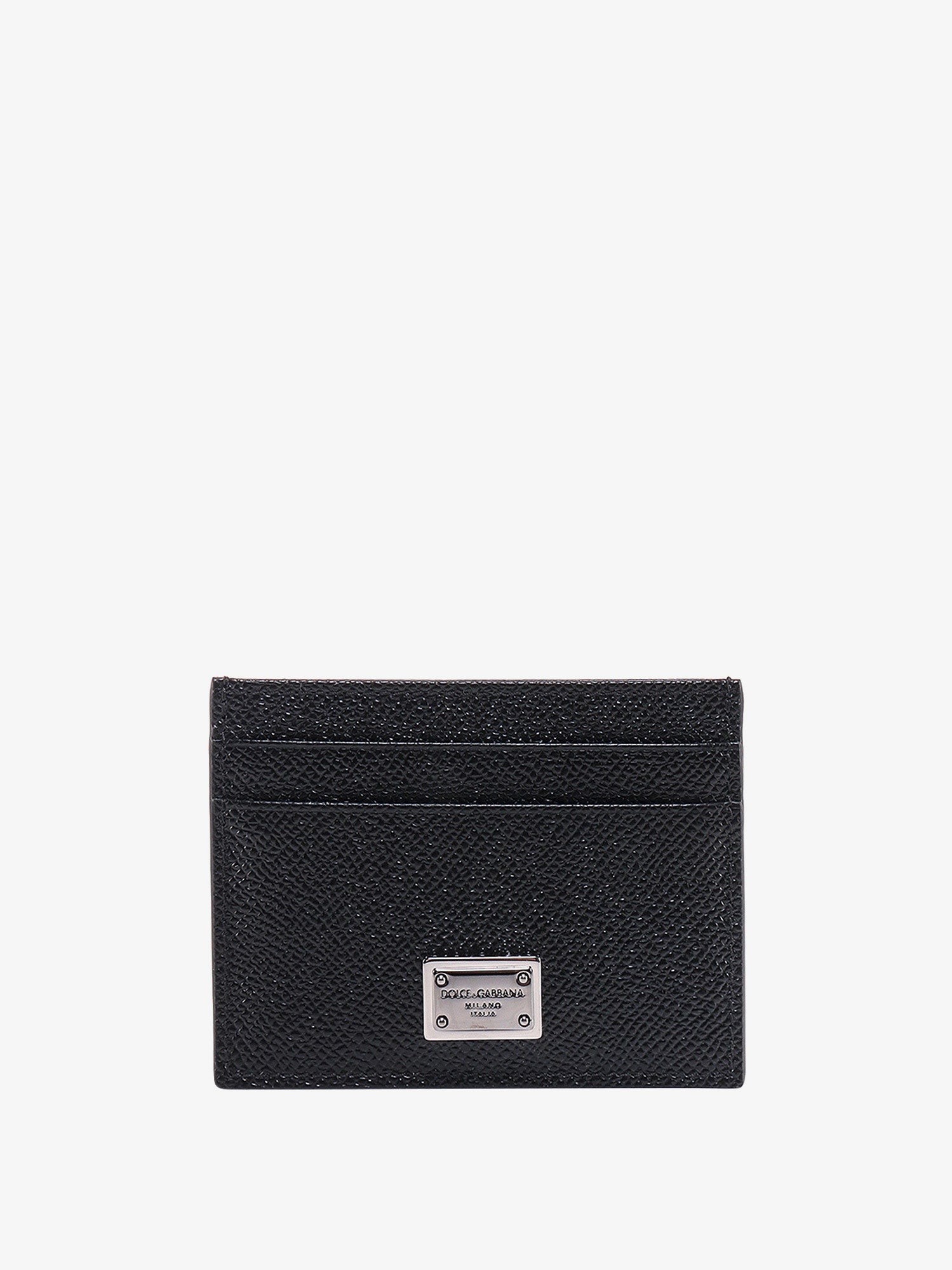Leather card holder with metal logo tag